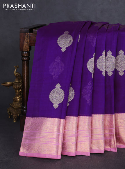 Kora kanchipuram silk saree purple and pastel pink with allover silver zari weaves and zari woven korvai border