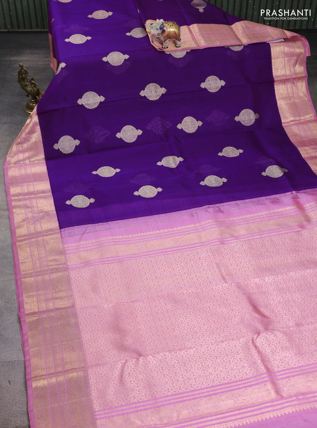 Kora kanchipuram silk saree purple and pastel pink with allover silver zari weaves and zari woven korvai border