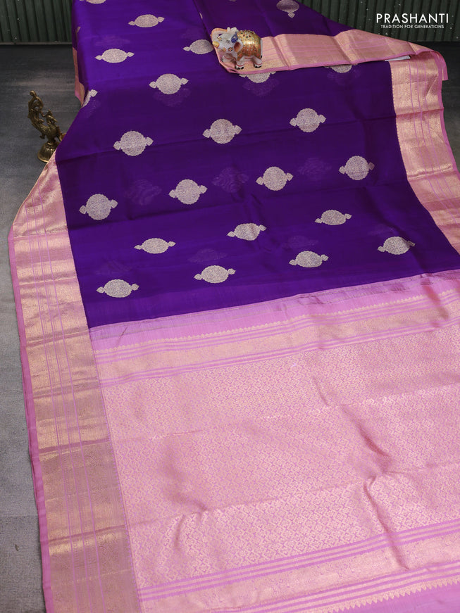 Kora kanchipuram silk saree purple and pastel pink with allover silver zari weaves and zari woven korvai border