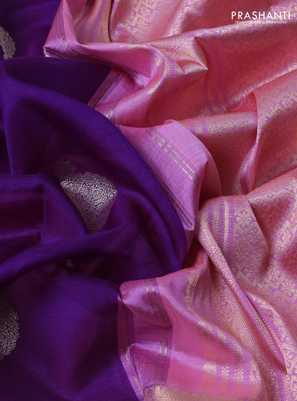 Kora kanchipuram silk saree purple and pastel pink with allover silver zari weaves and zari woven korvai border