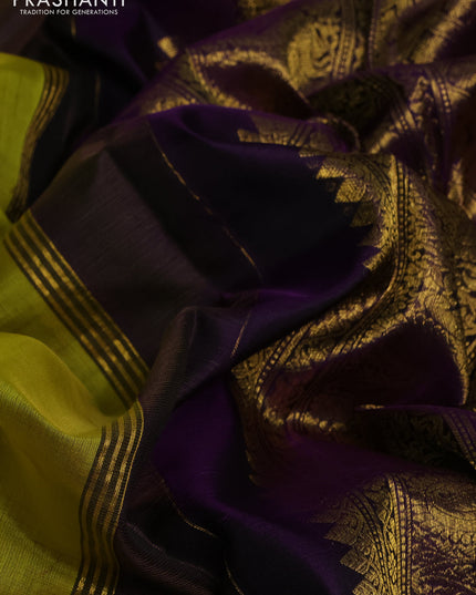 Kora kanchipuram silk saree lime yellow and purple with silver & gold zari woven buttas and annam zari woven border