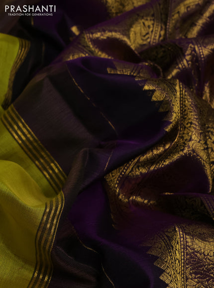 Kora kanchipuram silk saree lime yellow and purple with silver & gold zari woven buttas and annam zari woven border