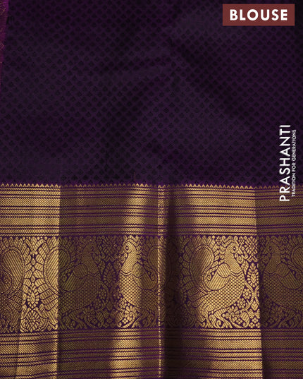 Kora kanchipuram silk saree lime yellow and purple with silver & gold zari woven buttas and annam zari woven border