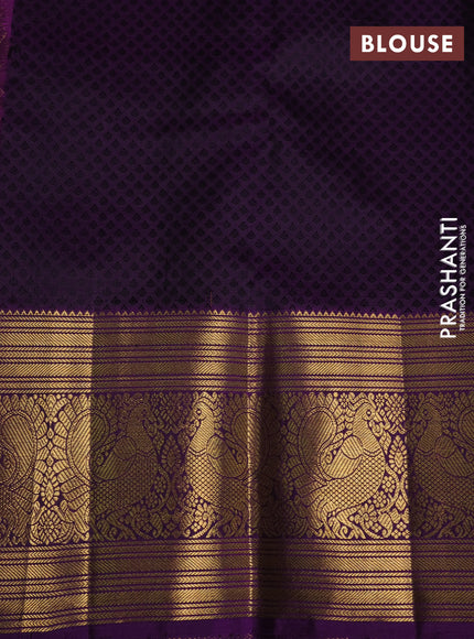 Kora kanchipuram silk saree lime yellow and purple with silver & gold zari woven buttas and annam zari woven border