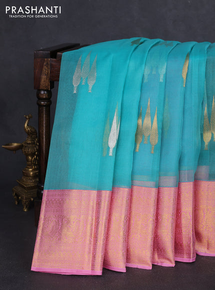 Kora kanchipuram silk saree teal green and pastel pink with silver & gold zari woven buttas and zari woven korvai border