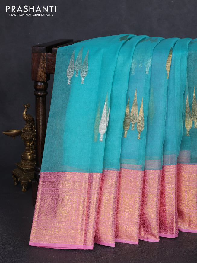 Kora kanchipuram silk saree teal green and pastel pink with silver & gold zari woven buttas and zari woven korvai border
