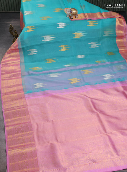 Kora kanchipuram silk saree teal green and pastel pink with silver & gold zari woven buttas and zari woven korvai border
