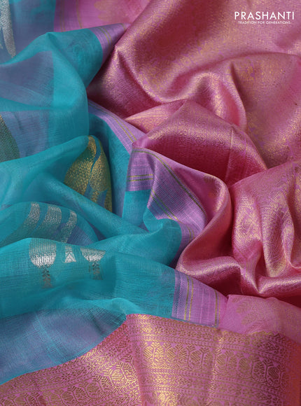 Kora kanchipuram silk saree teal green and pastel pink with silver & gold zari woven buttas and zari woven korvai border
