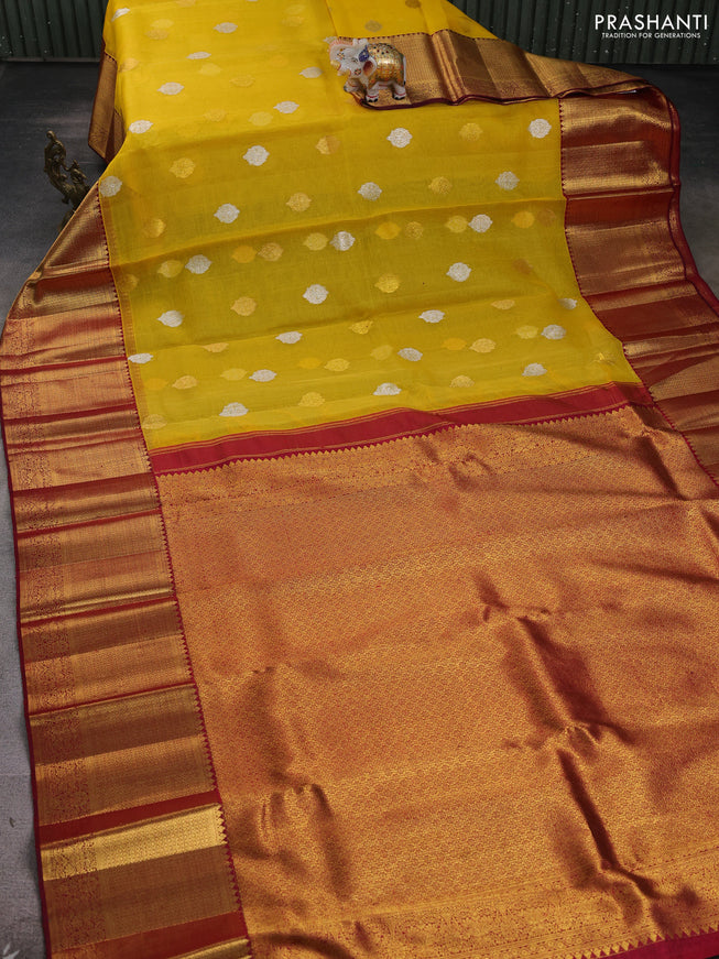 Kora kanchipuram silk saree yellow and maroon with silver & gold zari woven buttas and long zari woven korvai border