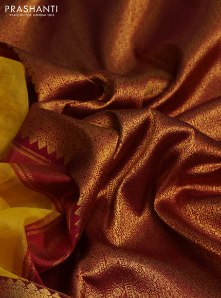 Kora kanchipuram silk saree yellow and maroon with silver & gold zari woven buttas and long zari woven korvai border