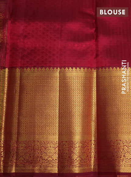 Kora kanchipuram silk saree yellow and maroon with silver & gold zari woven buttas and long zari woven korvai border