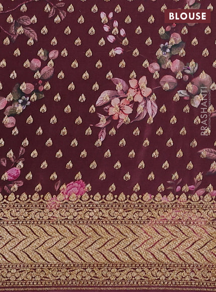 Banarasi crepe saree pink and pastel maroon with allover thread & zari geometric weaves and woven border