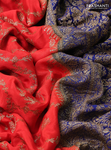 Banarasi crepe saree orange and dark blue with allover thread & zari weaves and woven border