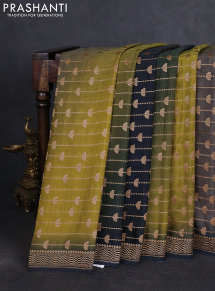 Banarasi crepe saree grey mehendi green and dark peacock green with allover thread & zari geometric weaves and woven border