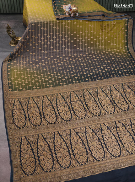 Banarasi crepe saree grey mehendi green and dark peacock green with allover thread & zari geometric weaves and woven border