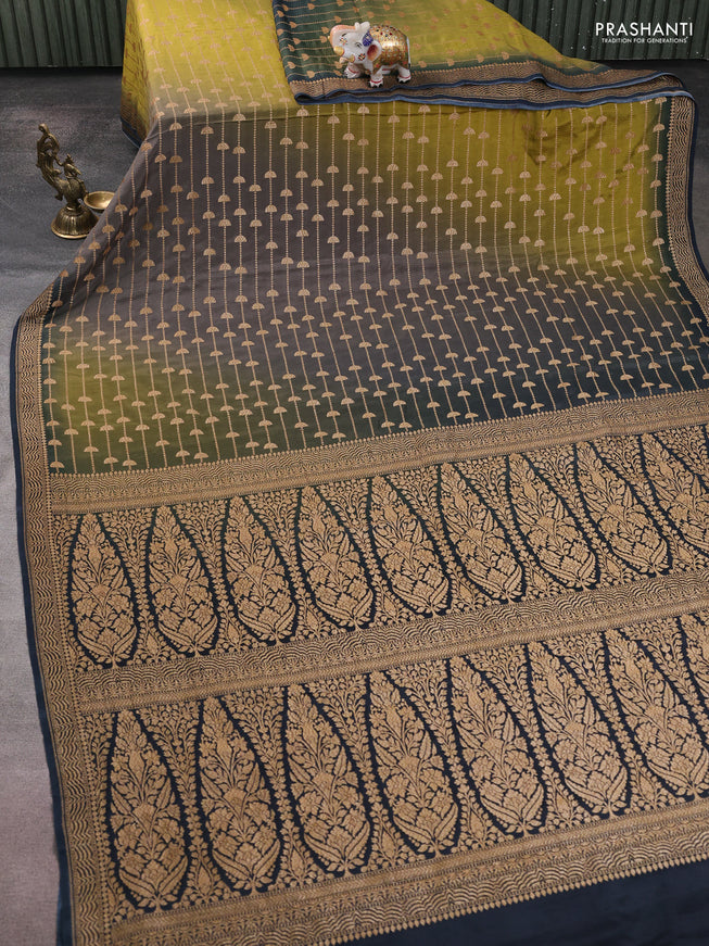 Banarasi crepe saree grey mehendi green and dark peacock green with allover thread & zari geometric weaves and woven border