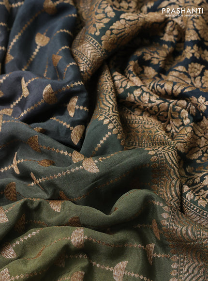 Banarasi crepe saree grey mehendi green and dark peacock green with allover thread & zari geometric weaves and woven border