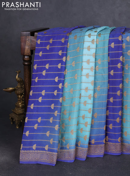 Banarasi crepe saree teal blue and blue with allover thread & zari geometric weaves and woven border