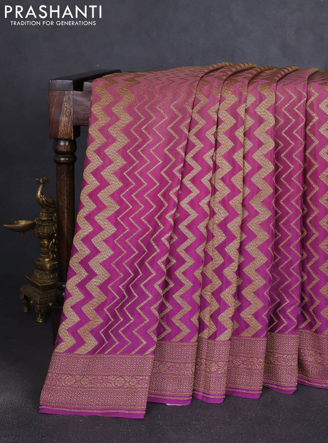 Banarasi crepe saree mehendi green and purple with allover thread & zari zig zag weaves and woven border