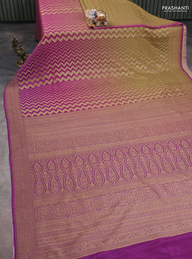 Banarasi crepe saree mehendi green and purple with allover thread & zari zig zag weaves and woven border