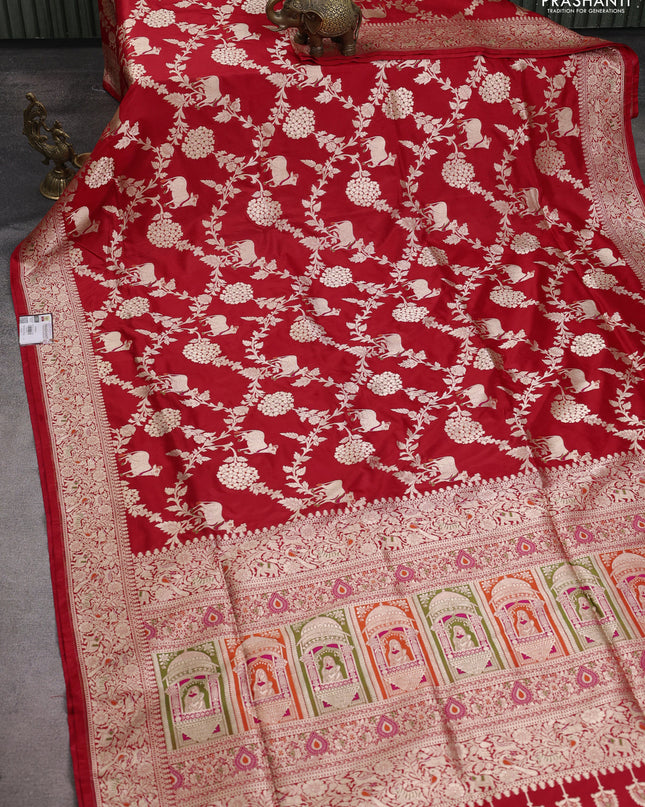 Banarasi uppada silk saree red with allover zari woven pichwai weaves and zari woven border