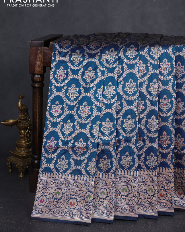 Banarasi uppada silk saree blue with allover zari woven brocade weaves and zari woven border