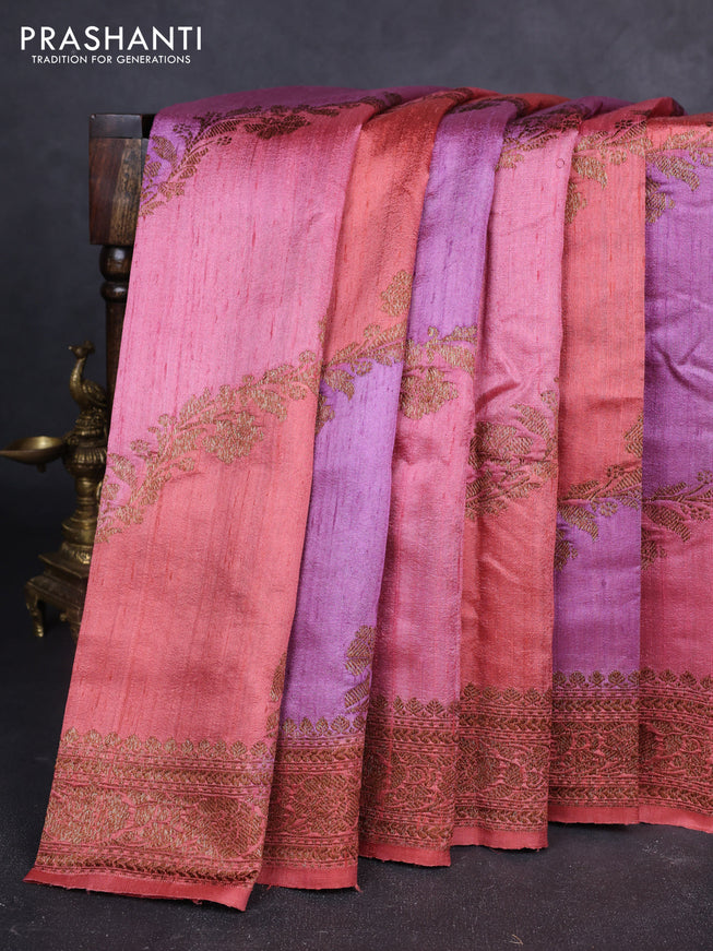 Banarasi raw silk saree peach shade and pink with allover rangkat weaves and woven border
