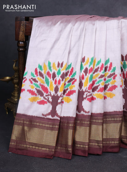 Pochampally silk saree beige and coffee brown with plain body and zari woven border