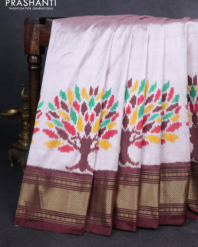 Pochampally silk saree beige and coffee brown with plain body and zari woven border