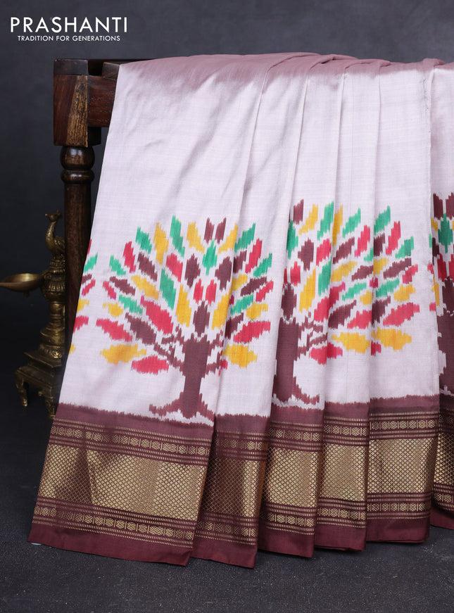 Pochampally silk saree beige and coffee brown with plain body and zari woven border
