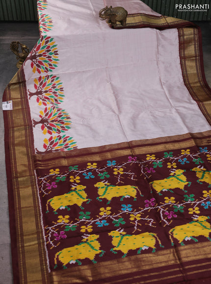 Pochampally silk saree beige and coffee brown with plain body and zari woven border