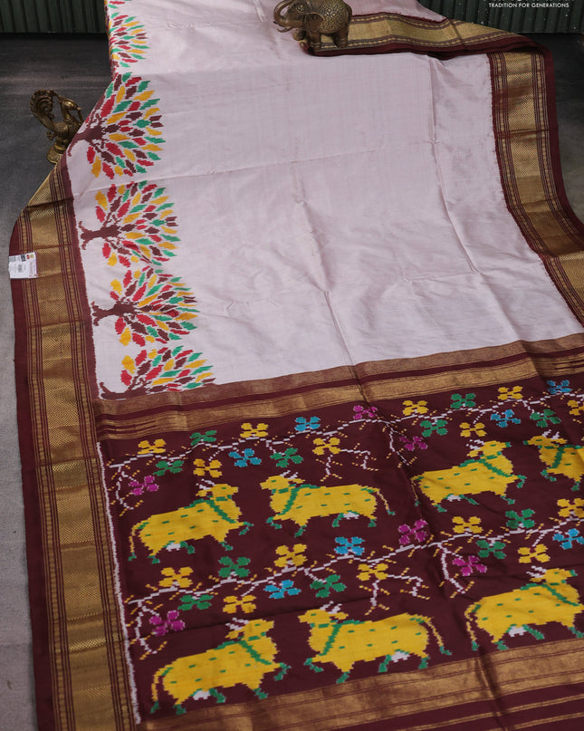 Pochampally silk saree beige and coffee brown with plain body and zari woven border