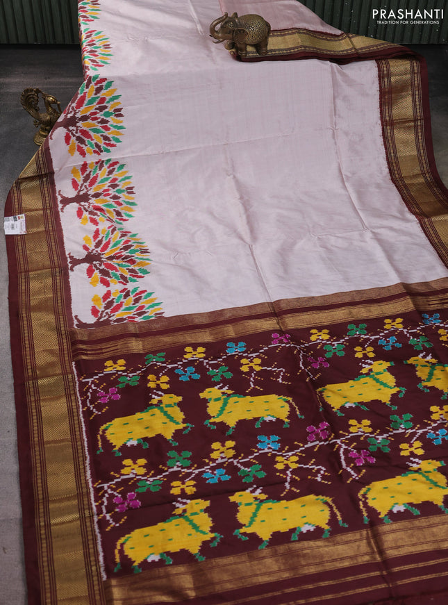 Pochampally silk saree beige and coffee brown with plain body and zari woven border