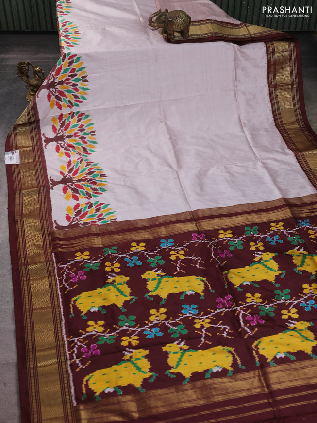 Pochampally silk saree beige and coffee brown with plain body and zari woven border