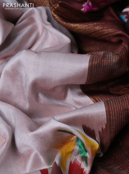 Pochampally silk saree beige and coffee brown with plain body and zari woven border