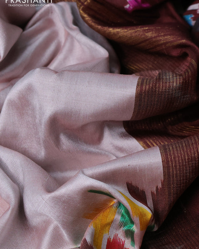 Pochampally silk saree beige and coffee brown with plain body and zari woven border