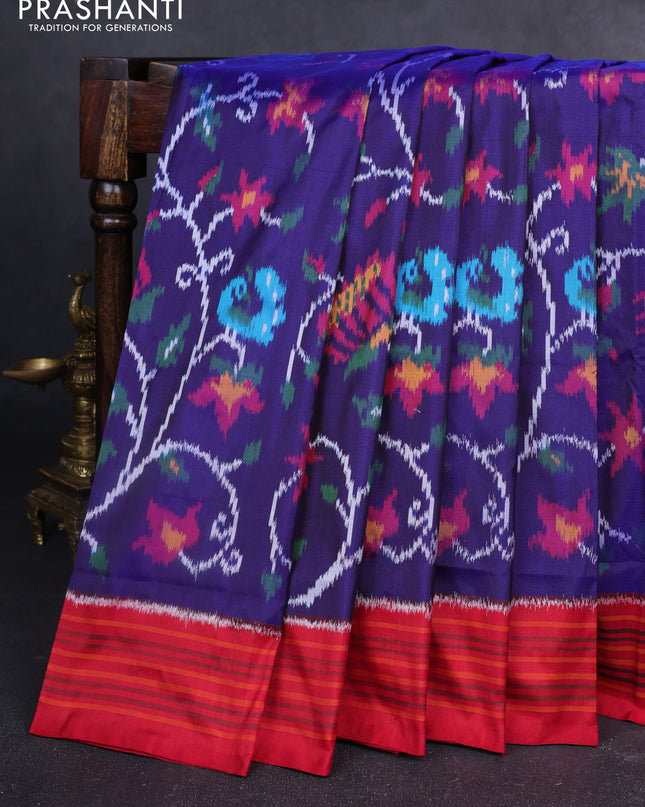 Pochampally silk saree blue and red with allover ikat weaves and simple border
