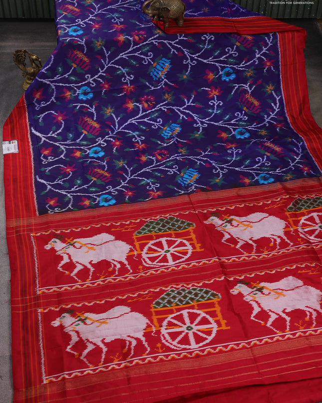 Pochampally silk saree blue and red with allover ikat weaves and simple border
