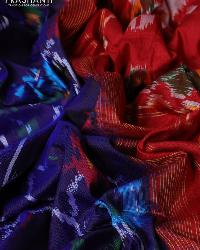 Pochampally silk saree blue and red with allover ikat weaves and simple border