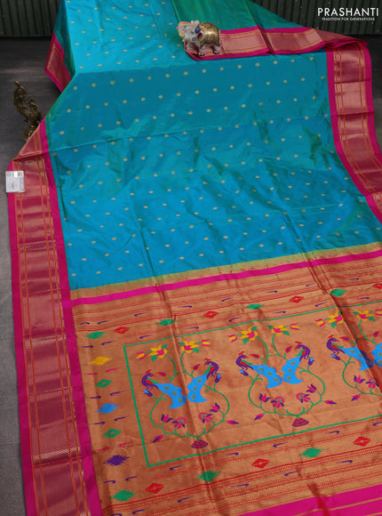Pure paithani silk saree dual shade of teal bluish green and pink with allover zari woven buttas and paithani weaving pallu