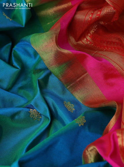 Pure paithani silk saree dual shade of teal bluish green and pink with allover zari woven buttas and paithani weaving pallu