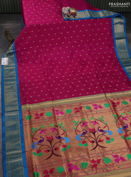 Pure paithani silk saree pink and cs blue with allover zari woven buttas and paithani weaving pallu