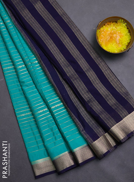 Semi mysore silk saree teal green and navy blue with allover zari weaves and zari woven border