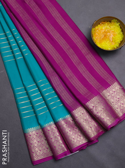Semi mysore silk saree teal green and pink with allover zari weaves and zari woven border