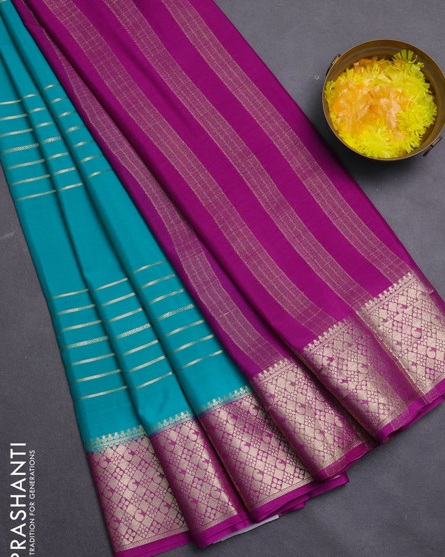 Semi mysore silk saree teal green and pink with allover zari weaves and zari woven border