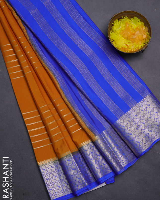 Semi mysore silk saree dark mustard and royal blue with allover zari weaves and zari woven border