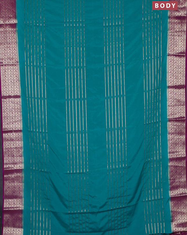 Semi mysore silk saree teal green and pink with allover zari weaves and zari woven border