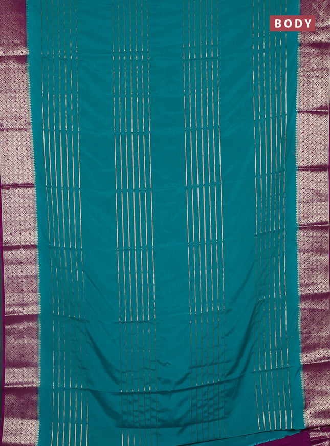 Semi mysore silk saree teal green and pink with allover zari weaves and zari woven border