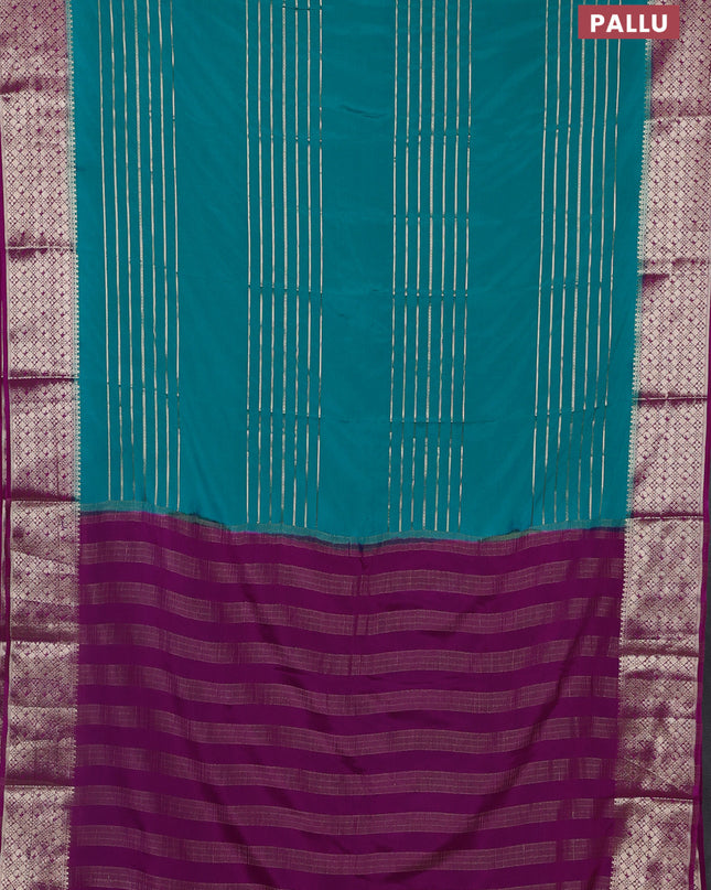 Semi mysore silk saree teal green and pink with allover zari weaves and zari woven border