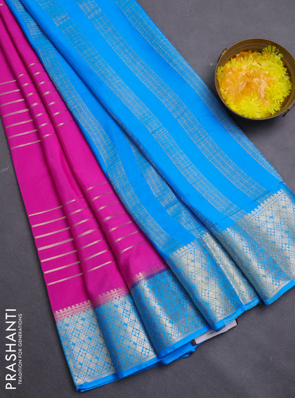 Semi mysore silk saree pink and cs blue with allover zari weaves and zari woven border